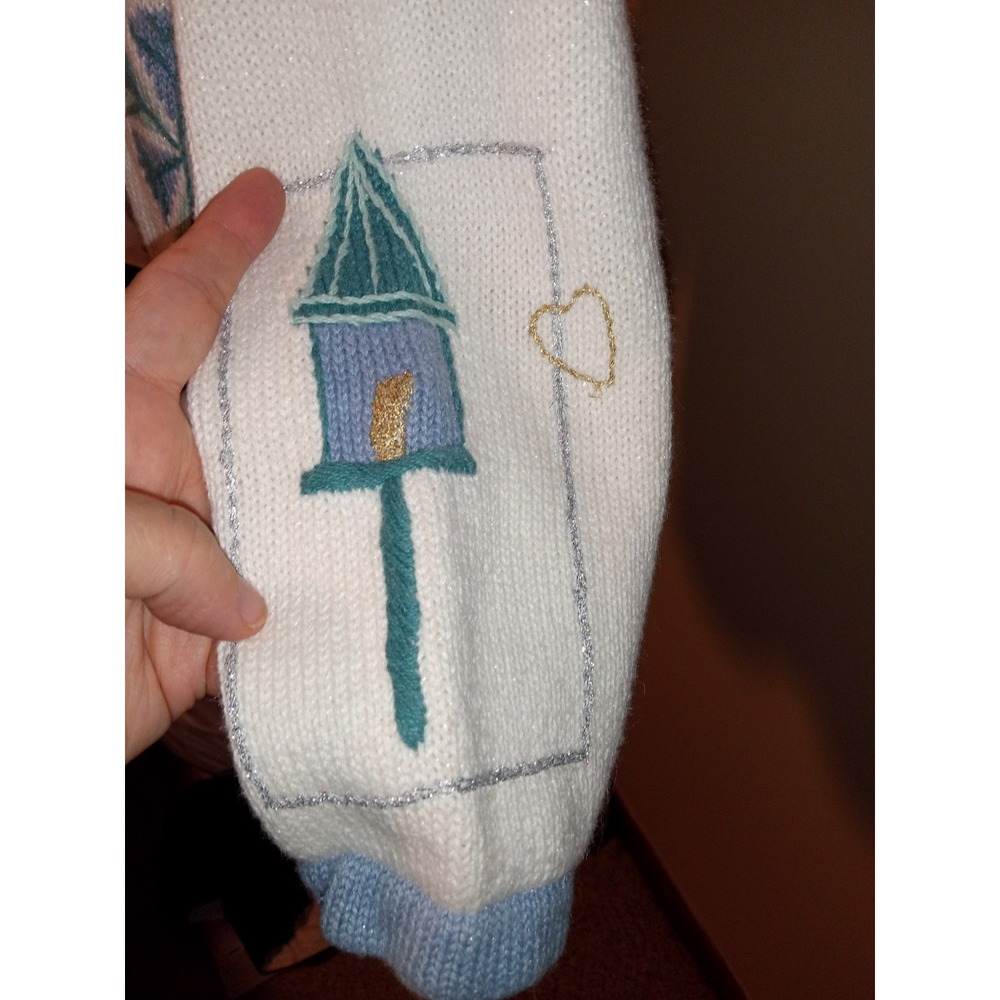 Vintage Winter Wonderland Embroidered Cardigan Sweater Blue Cream Christmas L - Picture 8 of 15